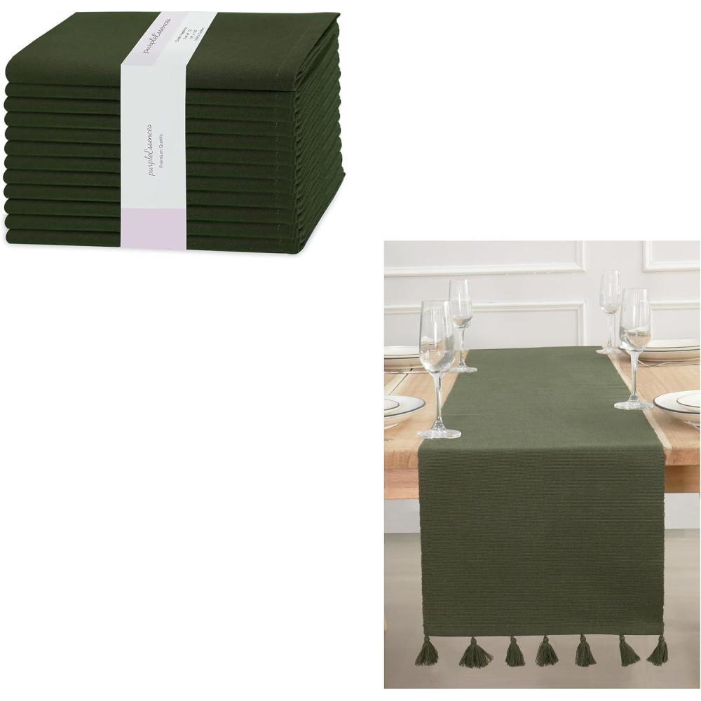 imagePurpleEssences Solid Cloth Napkins Set of 1218 x 18 Inch PurpleEssences Solid Ribbed Woven Table Runner 14x72 Inch Olive Green