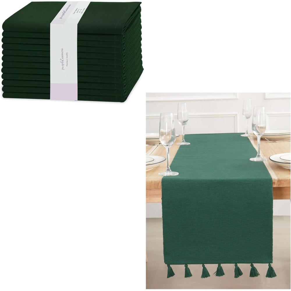 imagePurpleEssences Solid Cloth Napkins Set of 1218 x 18 Inch Solid Ribbed Woven Table Runner 14x72 Inch Forest Green