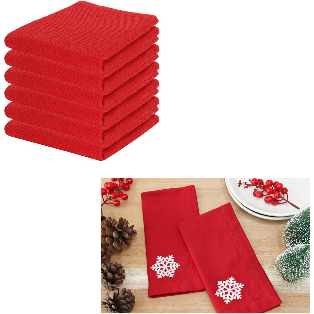 imagePurpleEssences Solid Waffle Kitchen Towel 15 x 25 Set of 6 and Embroidery Napkin 18x18 Set of 6  RedSnowflaes