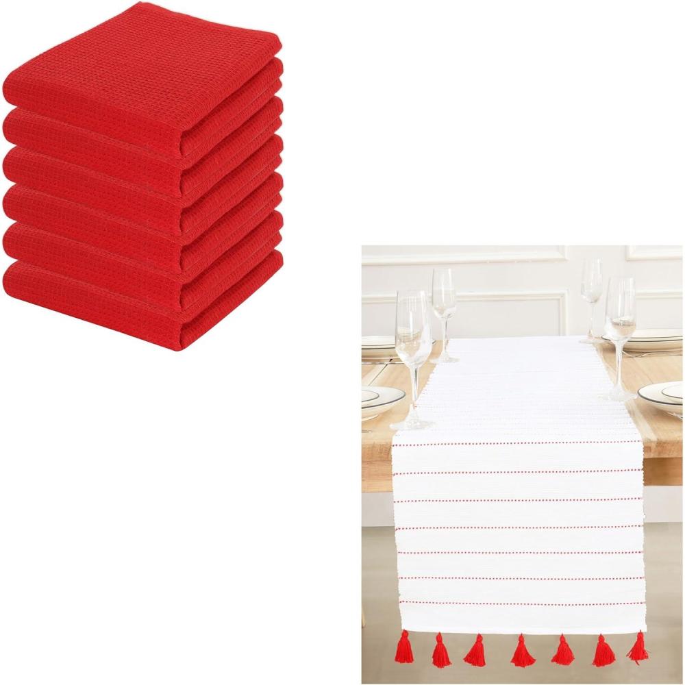 imagePurpleEssencs Waffle Weave Kitchen Towel 100 Cotton 15 x 25 Inches with Hanging Loop Dobby Stripe Ribbed Runner 14x90 inch Red