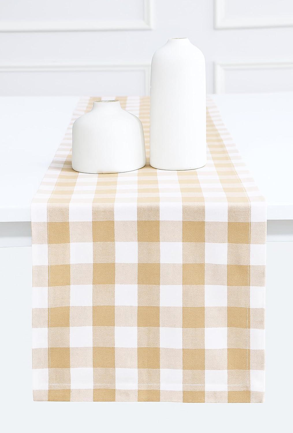 imagePurpleEssences Homestead Plaid Table Runner 14 x 90 inch Classic Farmhouse 100 Cotton Checkered Table Runner Fall Thanksgiving Beige and White14 x 90 Inch
