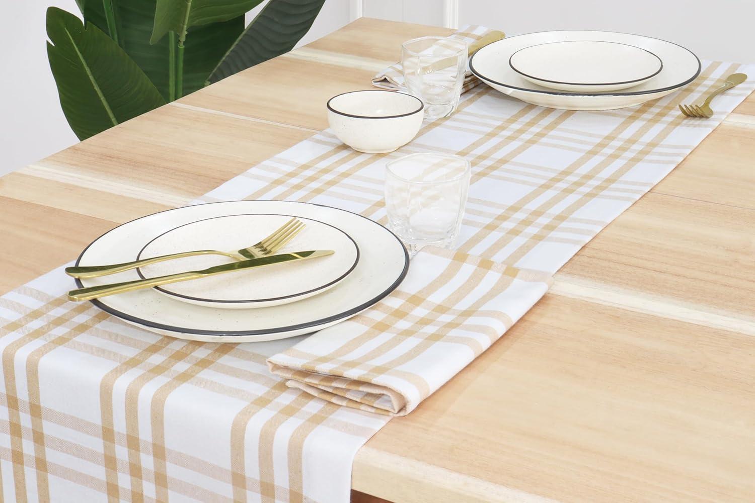 imagePurpleEssences Homestead Plaid Table Runner 14 x 90 inch Classic Farmhouse 100 Cotton Checkered Table Runner Fall Thanksgiving Beige and White14 x 90 Inch