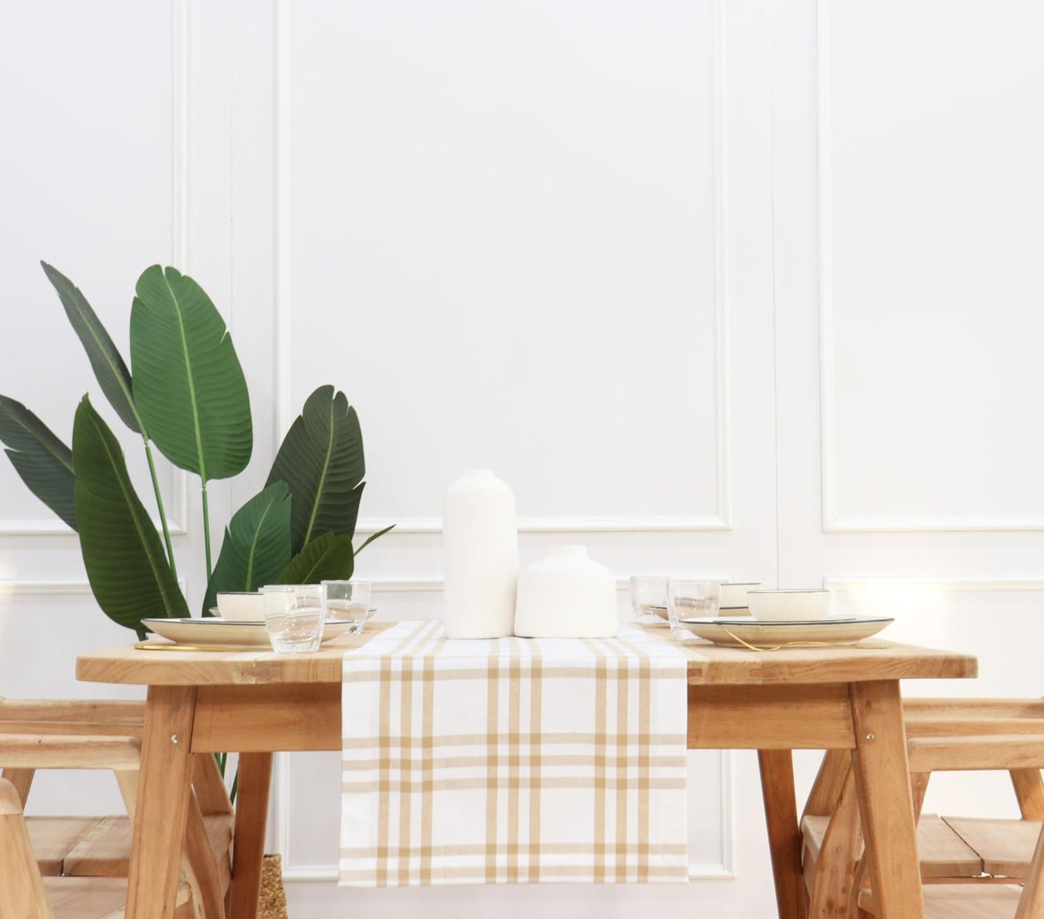 imagePurpleEssences Homestead Plaid Table Runner 14 x 90 inch Classic Farmhouse 100 Cotton Checkered Table Runner Fall Thanksgiving Beige and White14 x 90 Inch