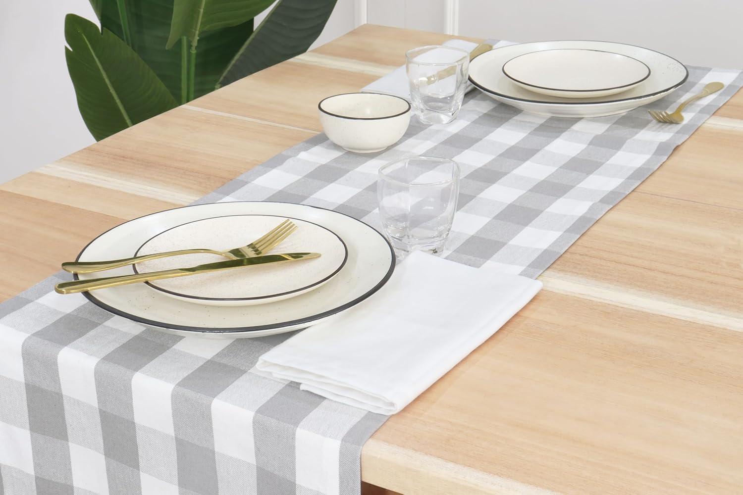 imagePurpleEssences Homestead Plaid Table Runner 14 x 90 inch Classic Farmhouse 100 Cotton Checkered Table Runner Fall Thanksgiving Beige and White14 x 90 Inch