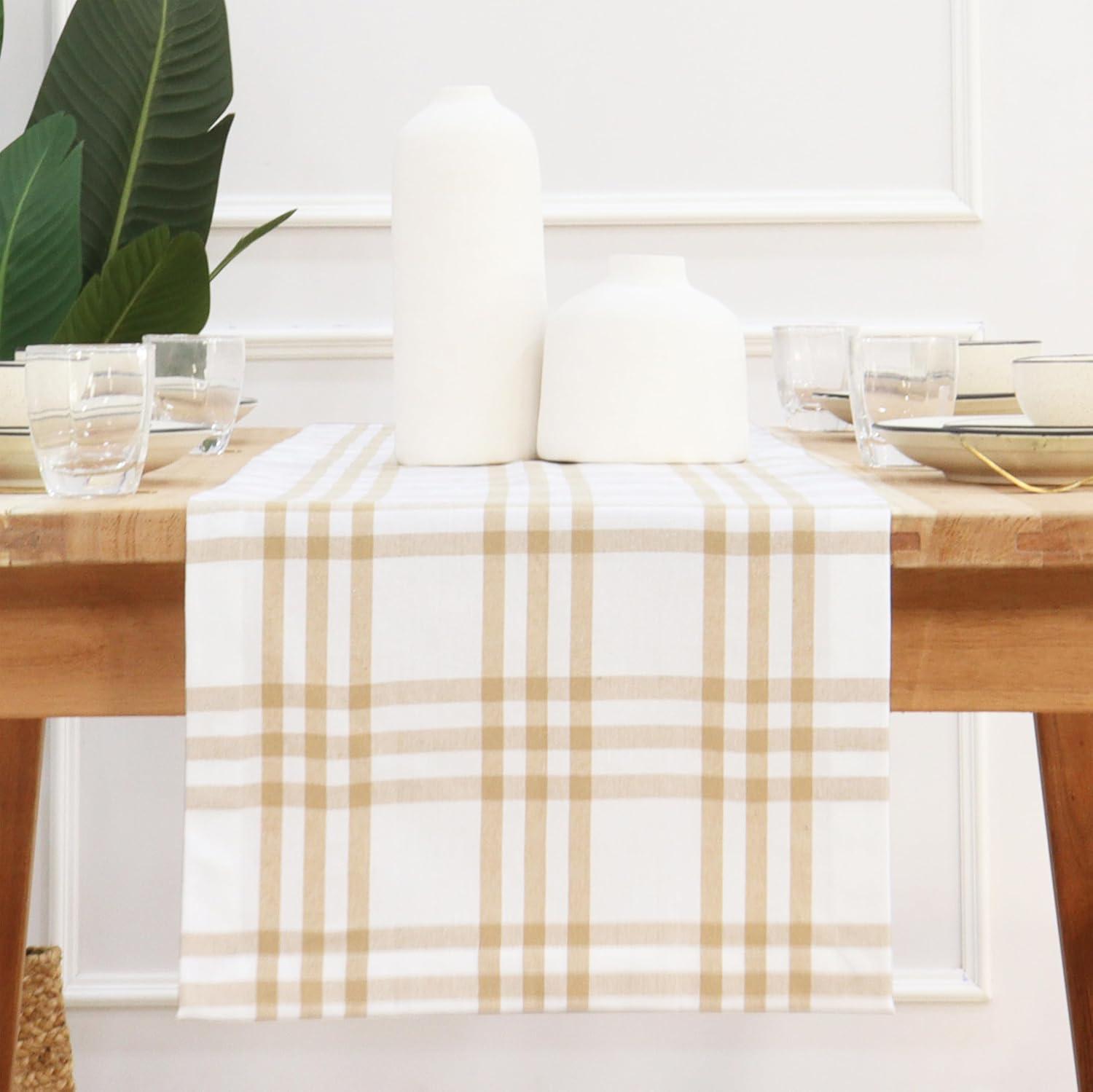 imagePurpleEssences Homestead Plaid Table Runner 14 x 90 inch Classic Farmhouse 100 Cotton Checkered Table Runner Fall Thanksgiving Beige and White14 x 90 Inch