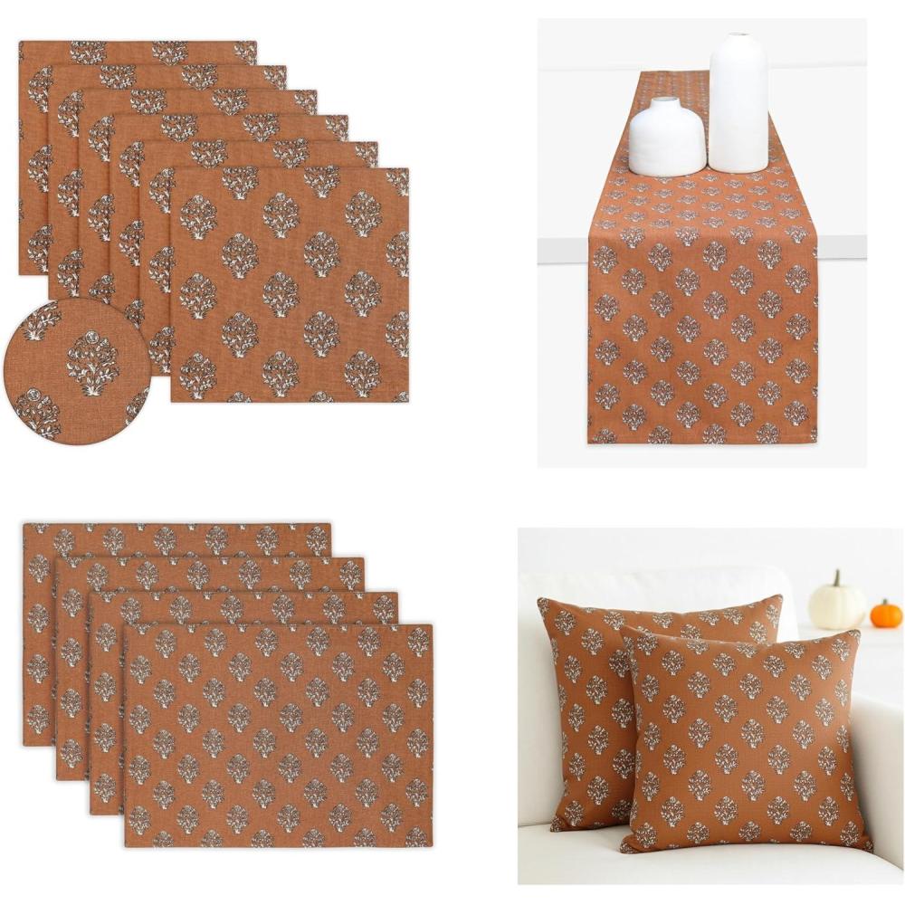 imagePurpleEssences Fall Napkins 18x18 Inch Set of 6 Table Runner 13 x 90 Inch Pack of 1 Placemats 13 x 19 Inch Set of 4 and Throw Pillow Cover 18 x 18 Inch Set of 2100 Cotton Goldenrod Rust