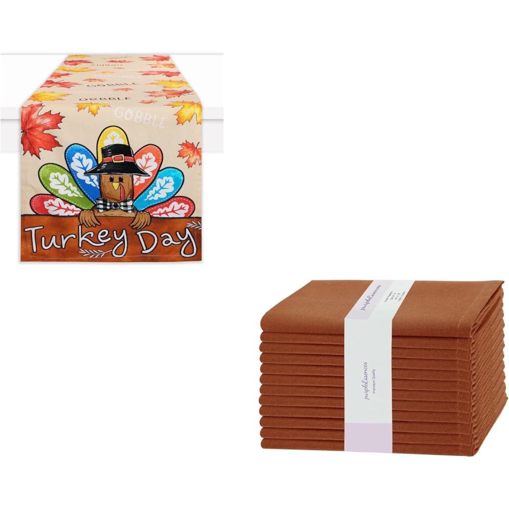 imagePurpleEssences Fall Table Runner 13x72 Inch and Cloth Napkin 18x18 inch for Fall Harvest ampamp Thanksgiving Farmhouse Seasonal Table Dcor with Festive Charm Turkey Day ampamp Rust