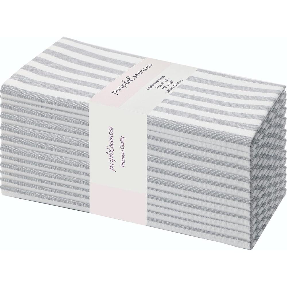 imagePurpleEssences Plain Striped Cloth Napkins Set of 12100 Cotton 18 x 18 Inch Fall Thanksgiving Perfect Everyday Use Dinner Napkin Aqua Blue WhiteGrey White