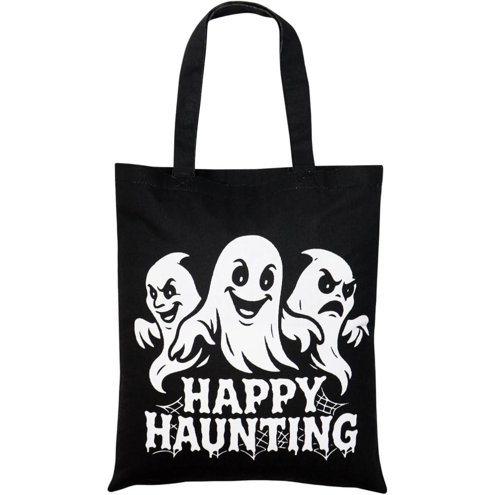 imagePurpleEssences Halloween Horror Tote Bag 14x16 Inch Reusable Cotton Canvas Bag with Inner Pouch Spooky Gifts for Kids AdultsHappy Haunting