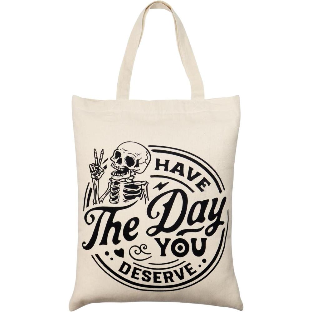 imagePurpleEssences Halloween Horror Tote Bag 14x16 Inch Reusable Cotton Canvas Bag with Inner Pouch Spooky Gifts for Kids AdultsSkeleton the Day