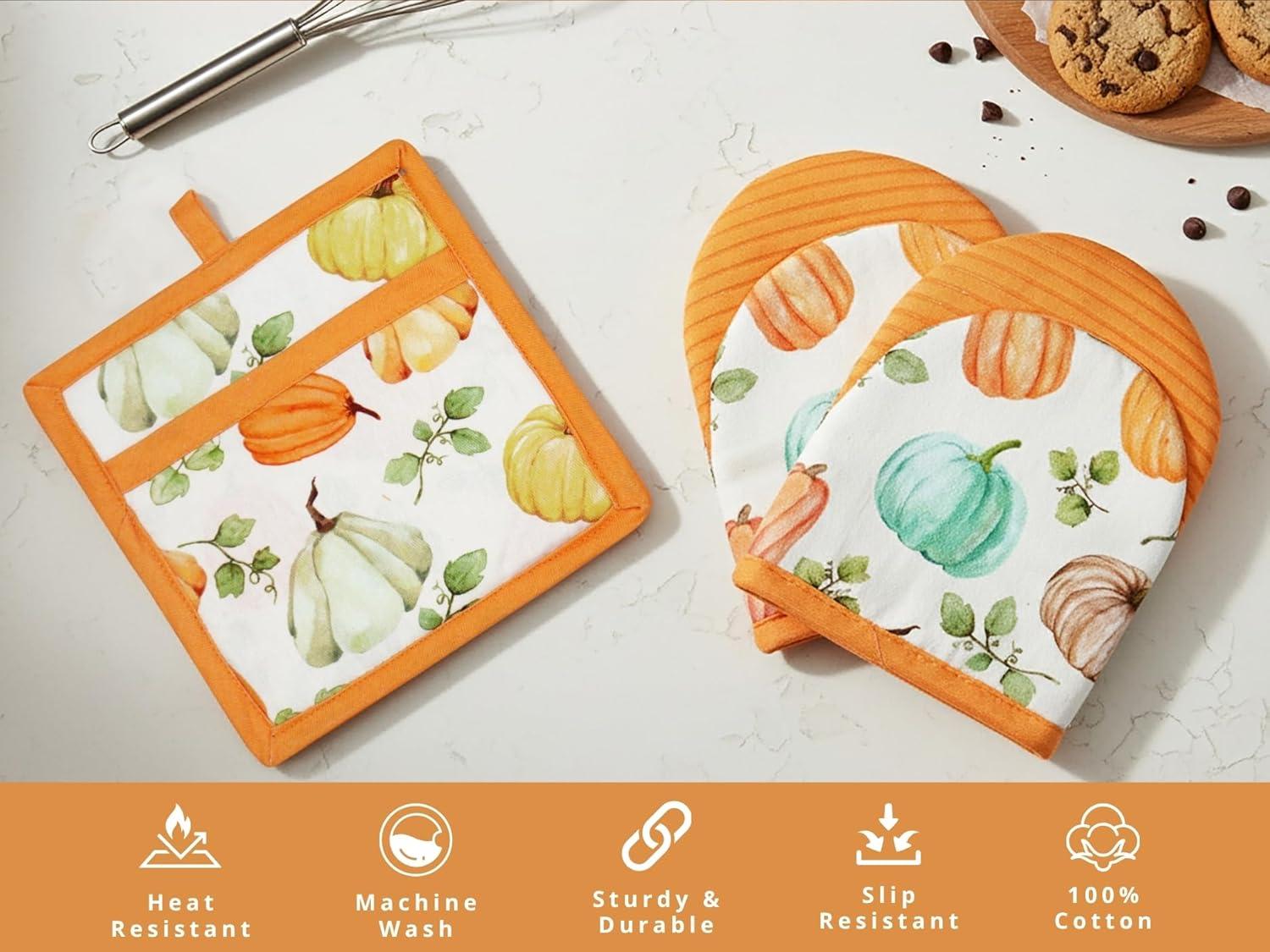 imagePurpleEssences 3pc Kitchen Set Pumpkin Oven Mitts ampamp Pot Holders Washable NonSlip Silicone Surface Heat Resistant up to 500F Hanging Loop Great for Cooking ampamp Grilling Pumpkin Patch
