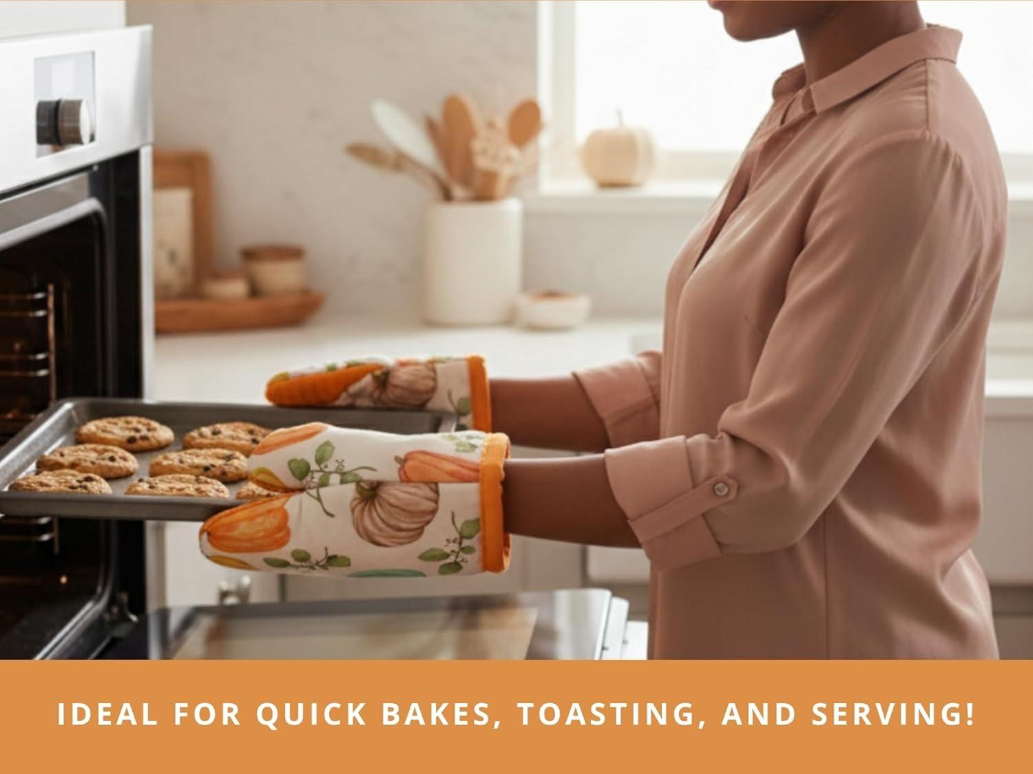 imagePurpleEssences 3pc Kitchen Set Pumpkin Oven Mitts ampamp Pot Holders Washable NonSlip Silicone Surface Heat Resistant up to 500F Hanging Loop Great for Cooking ampamp Grilling Pumpkin Patch