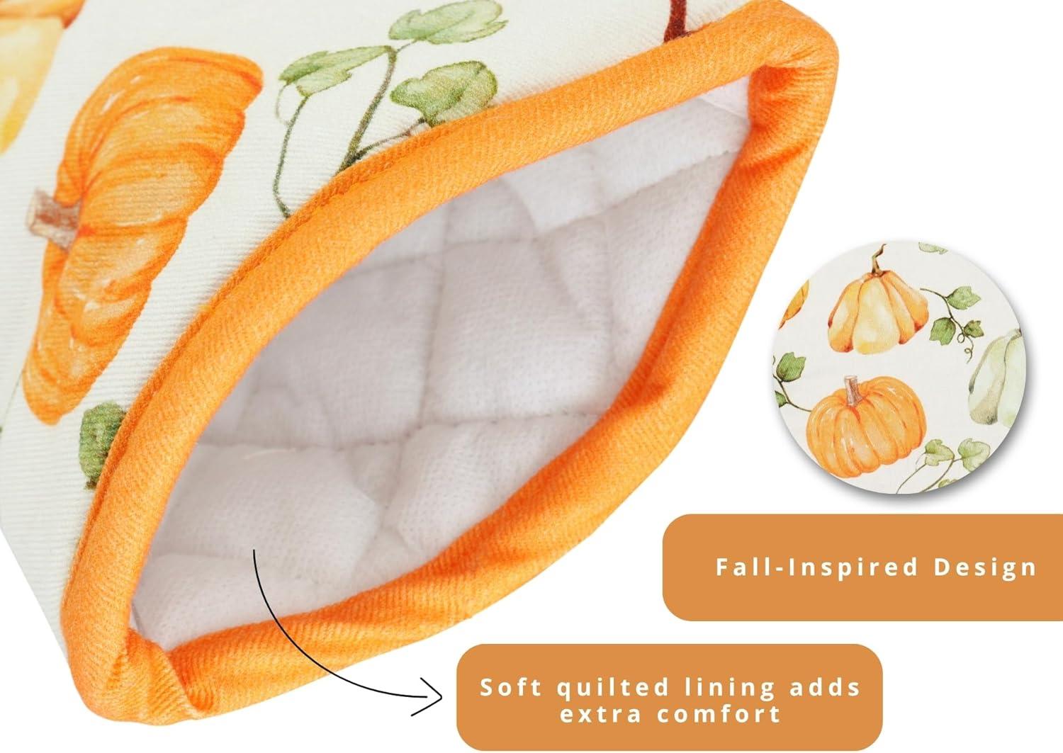 imagePurpleEssences 3pc Kitchen Set Pumpkin Oven Mitts ampamp Pot Holders Washable NonSlip Silicone Surface Heat Resistant up to 500F Hanging Loop Great for Cooking ampamp Grilling Pumpkin Patch