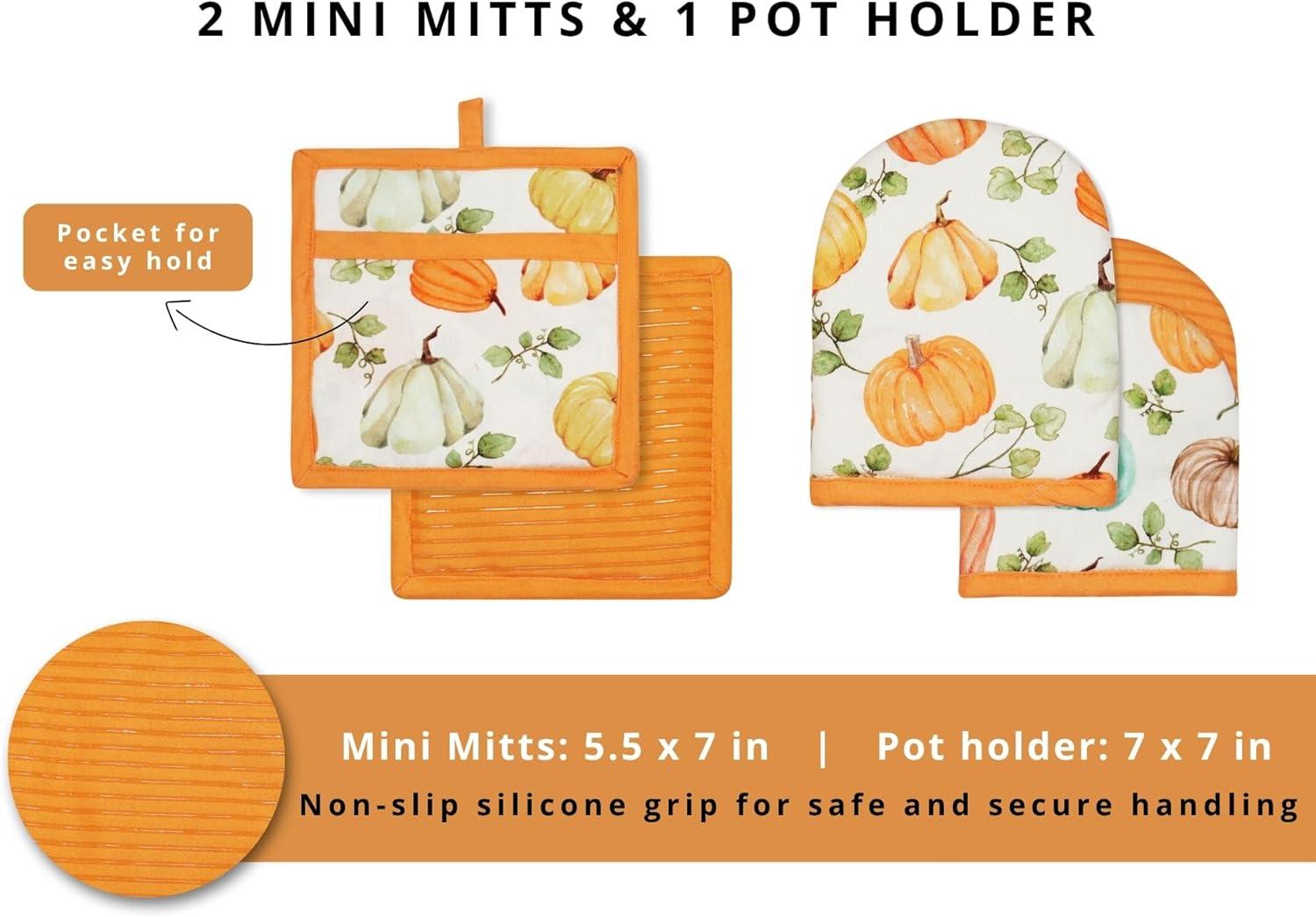 imagePurpleEssences 3pc Kitchen Set Pumpkin Oven Mitts ampamp Pot Holders Washable NonSlip Silicone Surface Heat Resistant up to 500F Hanging Loop Great for Cooking ampamp Grilling Pumpkin Patch