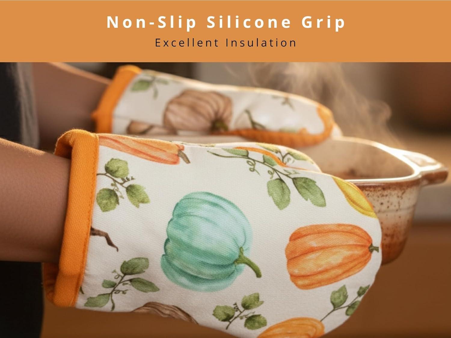 imagePurpleEssences 3pc Kitchen Set Pumpkin Oven Mitts ampamp Pot Holders Washable NonSlip Silicone Surface Heat Resistant up to 500F Hanging Loop Great for Cooking ampamp Grilling Pumpkin Patch