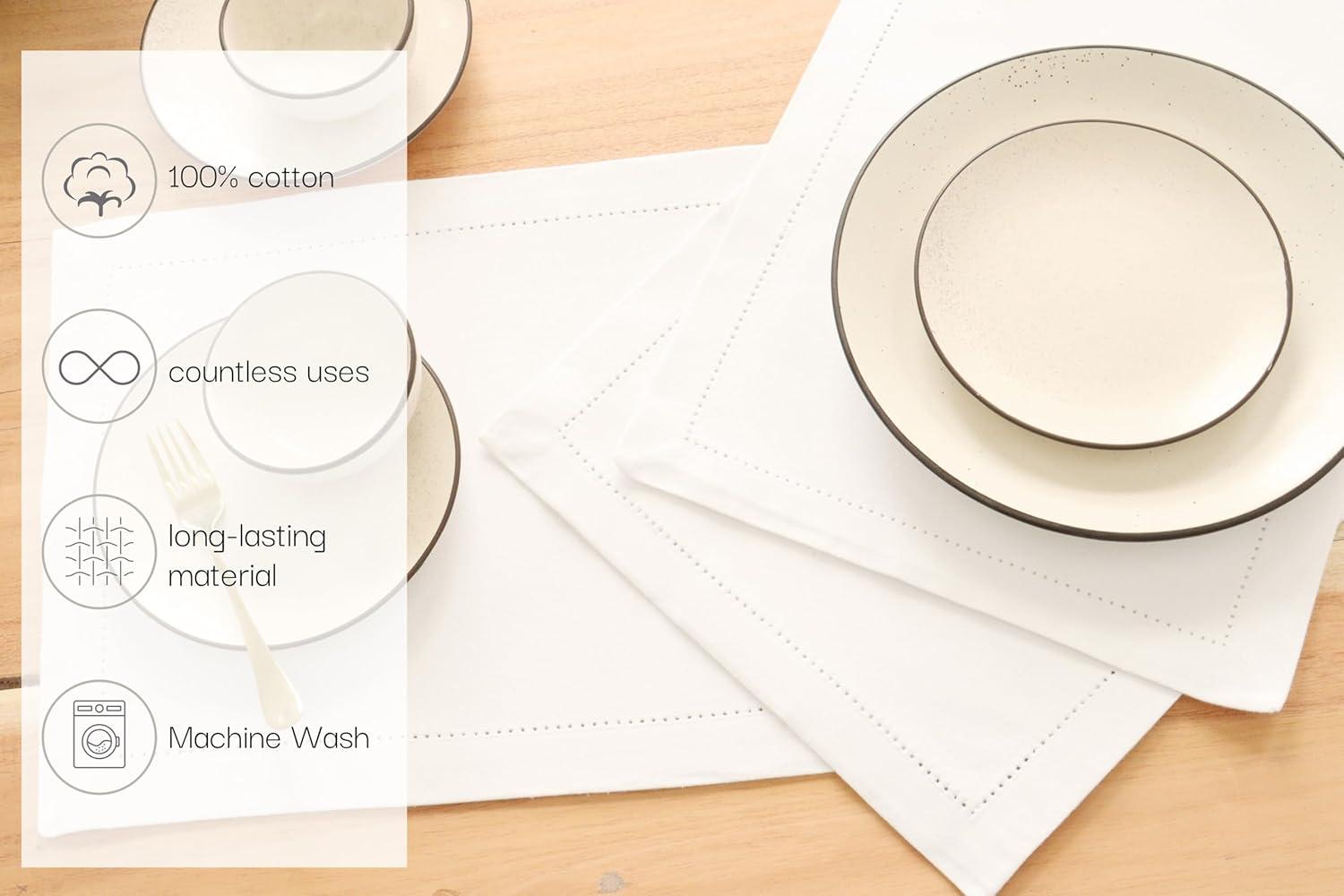 imagePurpleEssences Solid Hemstitch Placemat 4 PCS of Stain Resistant Spill Proof Place Mats Washable Placemats Set of 413x19 Inch  Fall Thanksgiving  WhiteWhite