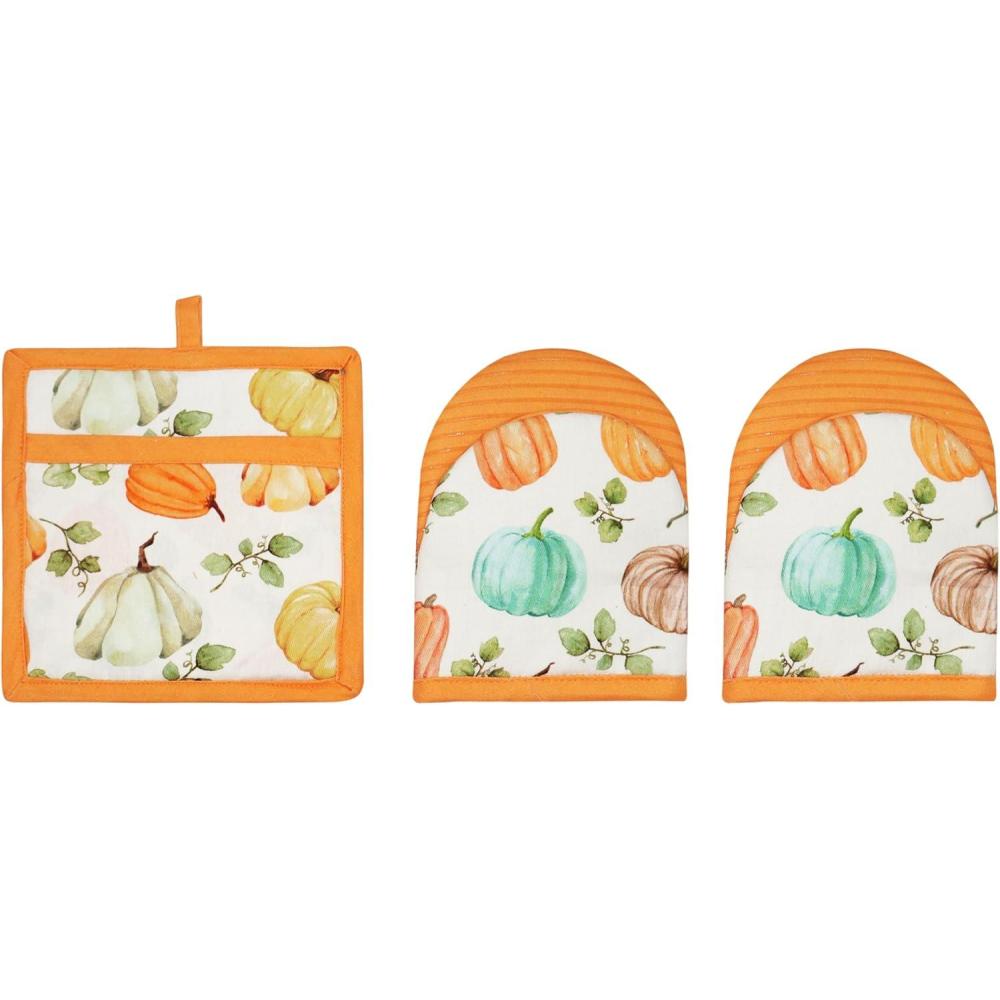 imagePurpleEssences 3pc Kitchen Set Pumpkin Oven Mitts ampamp Pot Holders Washable NonSlip Silicone Surface Heat Resistant up to 500F Hanging Loop Great for Cooking ampamp Grilling Pumpkin Patch