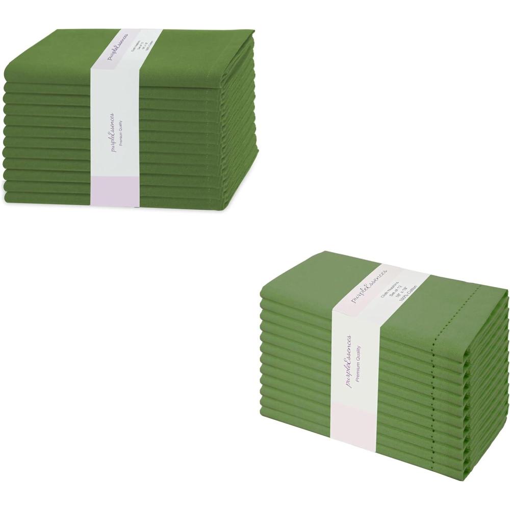 imagePurpleEssences Cloth Napkins 18 x 18 Inch Set of 12 Solid Napkins and Hemstitch Napkins Sage Green