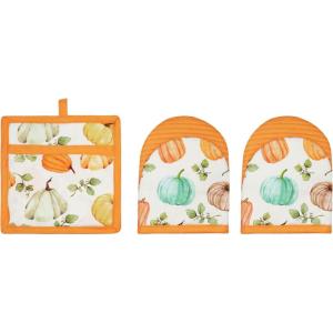 PurpleEssences 3pc Kitchen Set – Pumpkin Oven Mitts & Pot Holders Washable, Non-Slip Silicone Surface Heat Resistant up to 500°F, Hanging Loop – Great for Cooking & Grilling – Pumpkin Patch