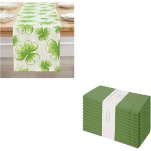 PurpleEssences St Patricks Day Table Runner Water Color Shamrocks 13 X 72 Inch and Set of 12 Hemstitch Cloth Dinner Napkins 18×18 Inches – 100% Cotton – Sage Green