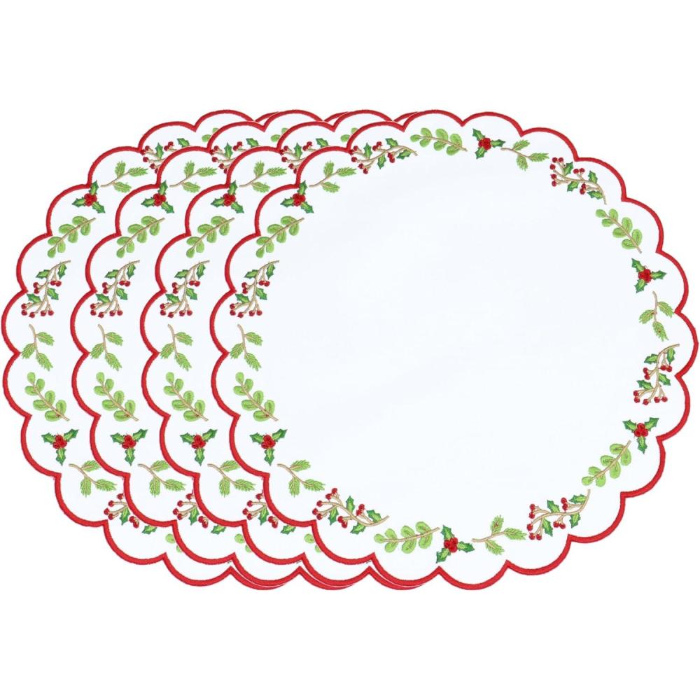 imagePurpleEssences Embroidered Christmas Round Placemats Set of 4 15 Inch Dia Winter Round Table Mats for Holiday Dining Decoration  Red Green Edges RedRed Green Edges Red