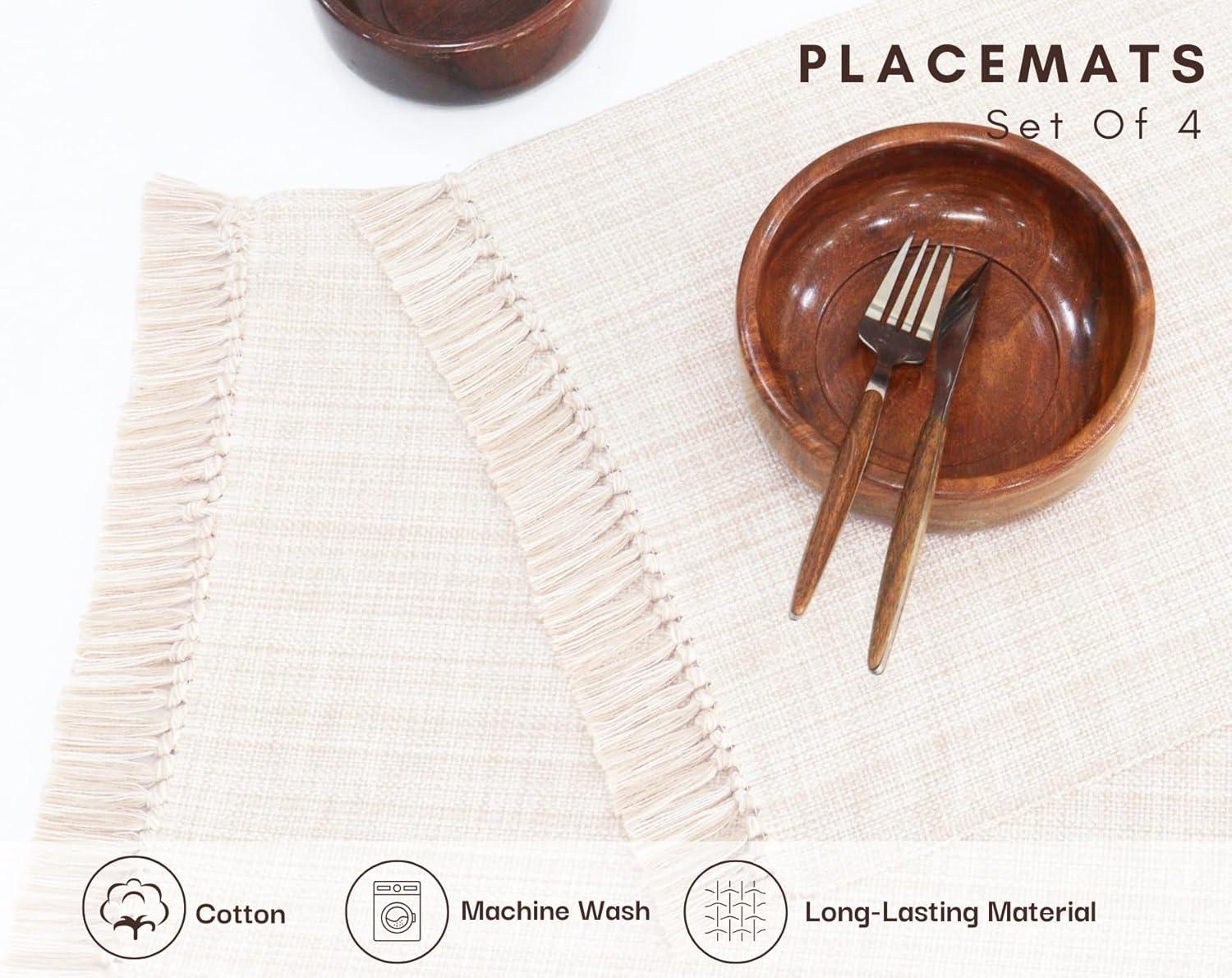imagePurpleEssences Chambray Placemats with Fringes 100 Cotton Set of 4 13x19 Inch Thick Durable Table Mats for Dining Kitchen or Casual Farmhouse Tabletop Dcor Forest Green and HWhiteRoyal Linen and Hwhite