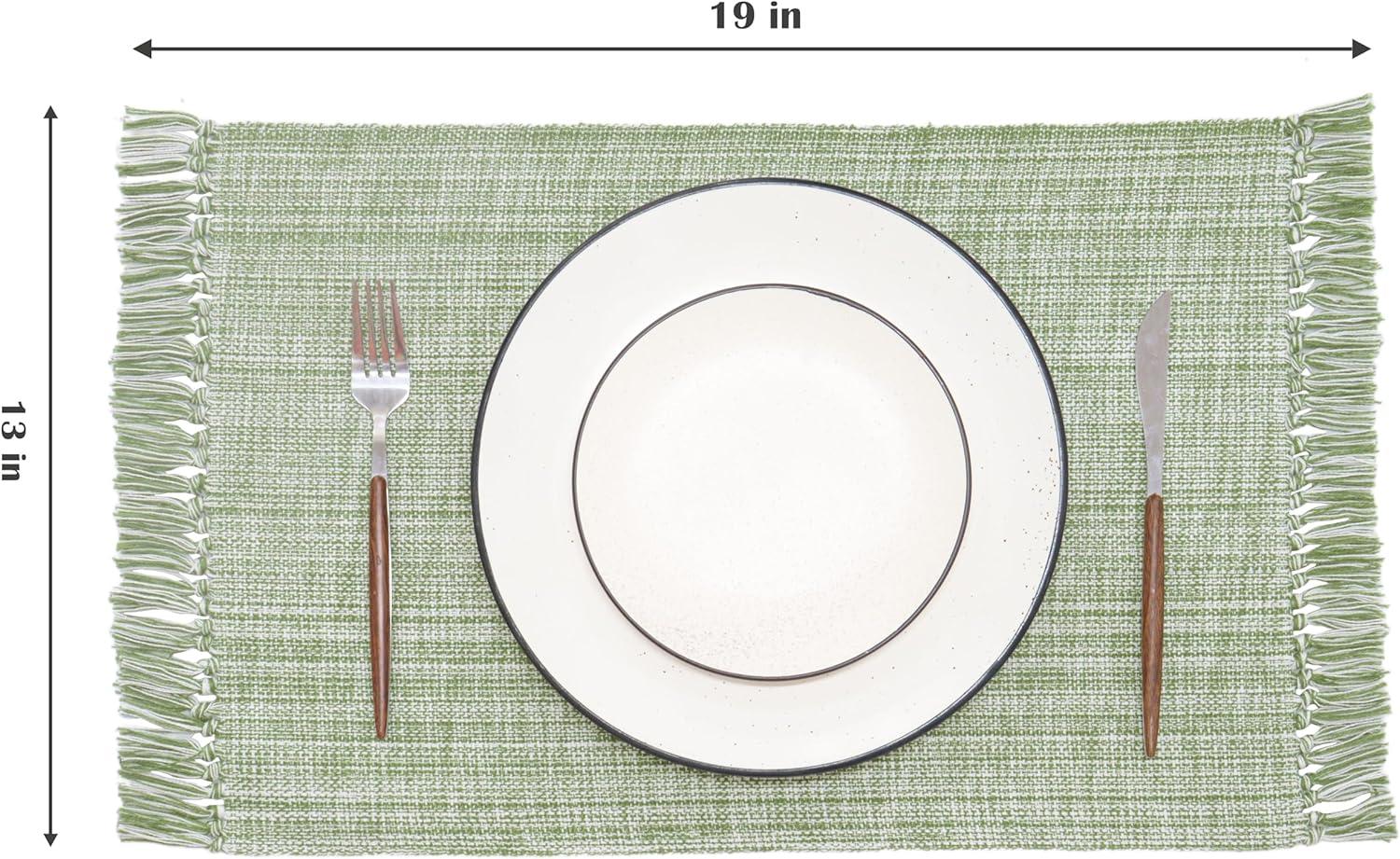 imagePurpleEssences Chambray Placemats with Fringes 100 Cotton Set of 4 13x19 Inch Thick Durable Table Mats for Dining Kitchen or Casual Farmhouse Tabletop Dcor Forest Green and HWhiteSage Green and Hwhite