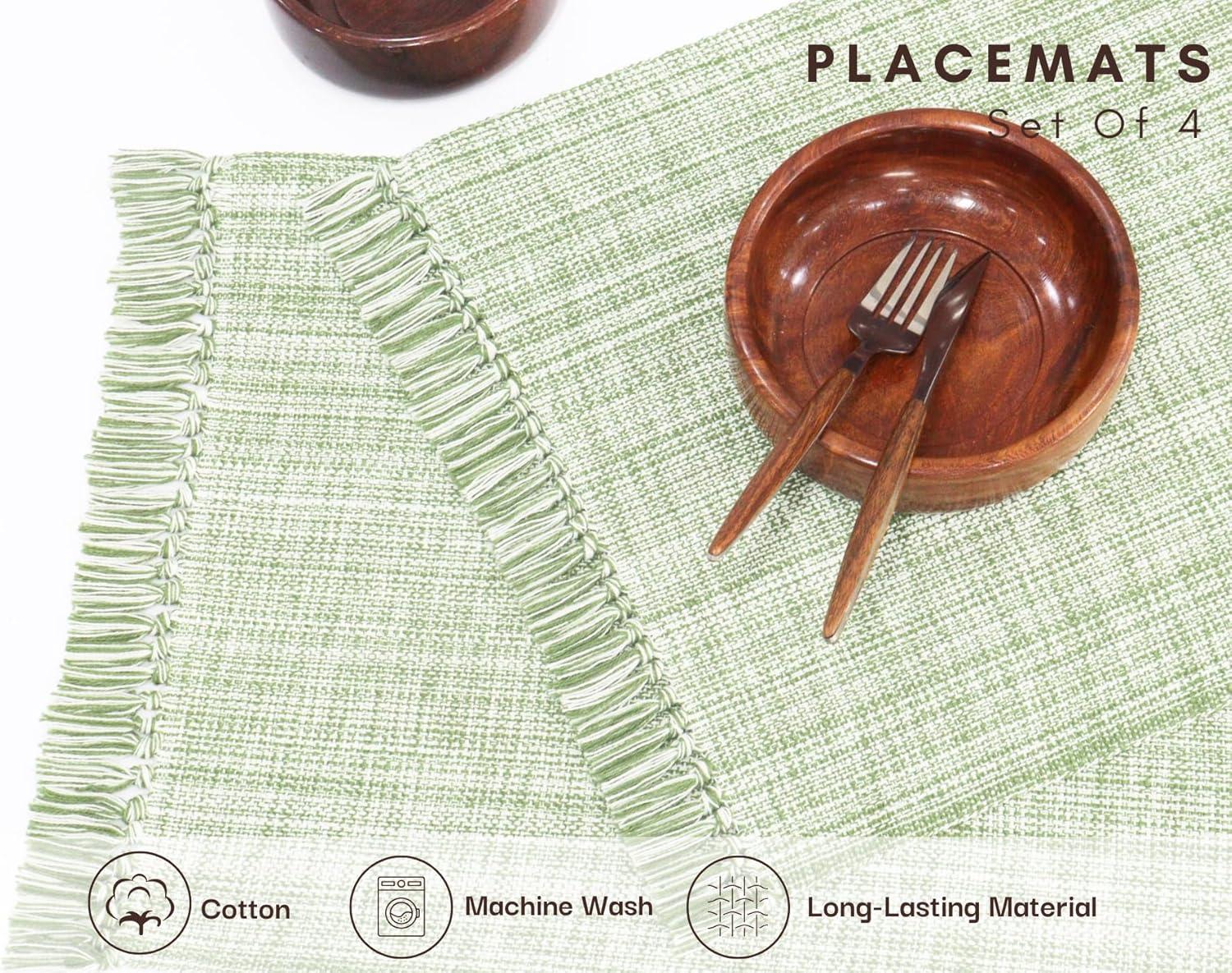 imagePurpleEssences Chambray Placemats with Fringes 100 Cotton Set of 4 13x19 Inch Thick Durable Table Mats for Dining Kitchen or Casual Farmhouse Tabletop Dcor Forest Green and HWhiteSage Green and Hwhite