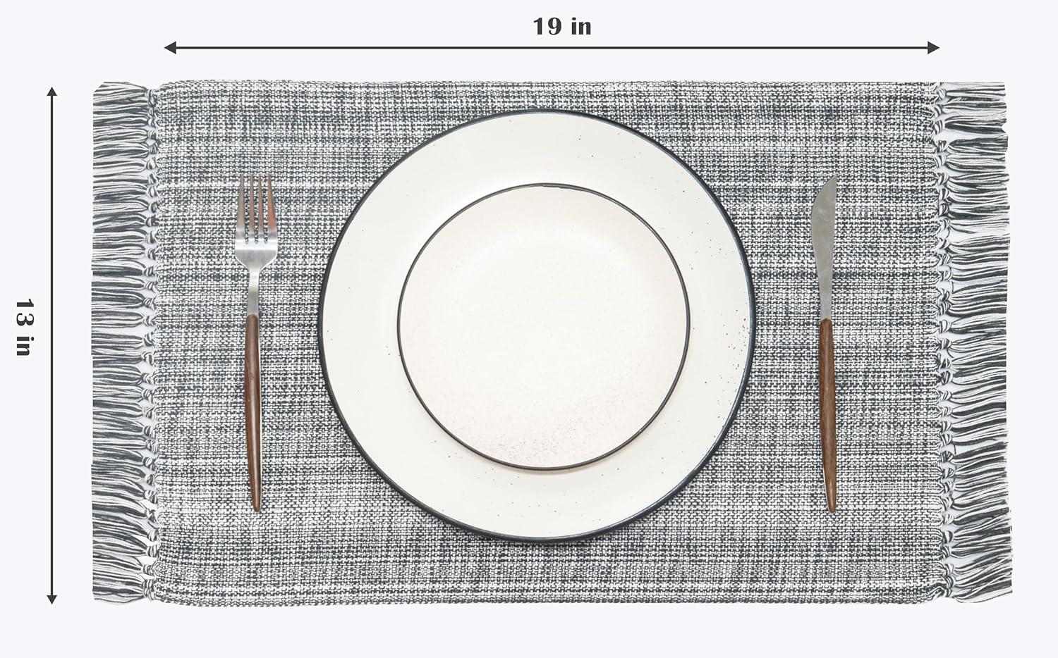 imagePurpleEssences Chambray Placemats with Fringes 100 Cotton Set of 4 13x19 Inch Thick Durable Table Mats for Dining Kitchen or Casual Farmhouse Tabletop Dcor Forest Green and HWhiteMineral Gray and Hwhite