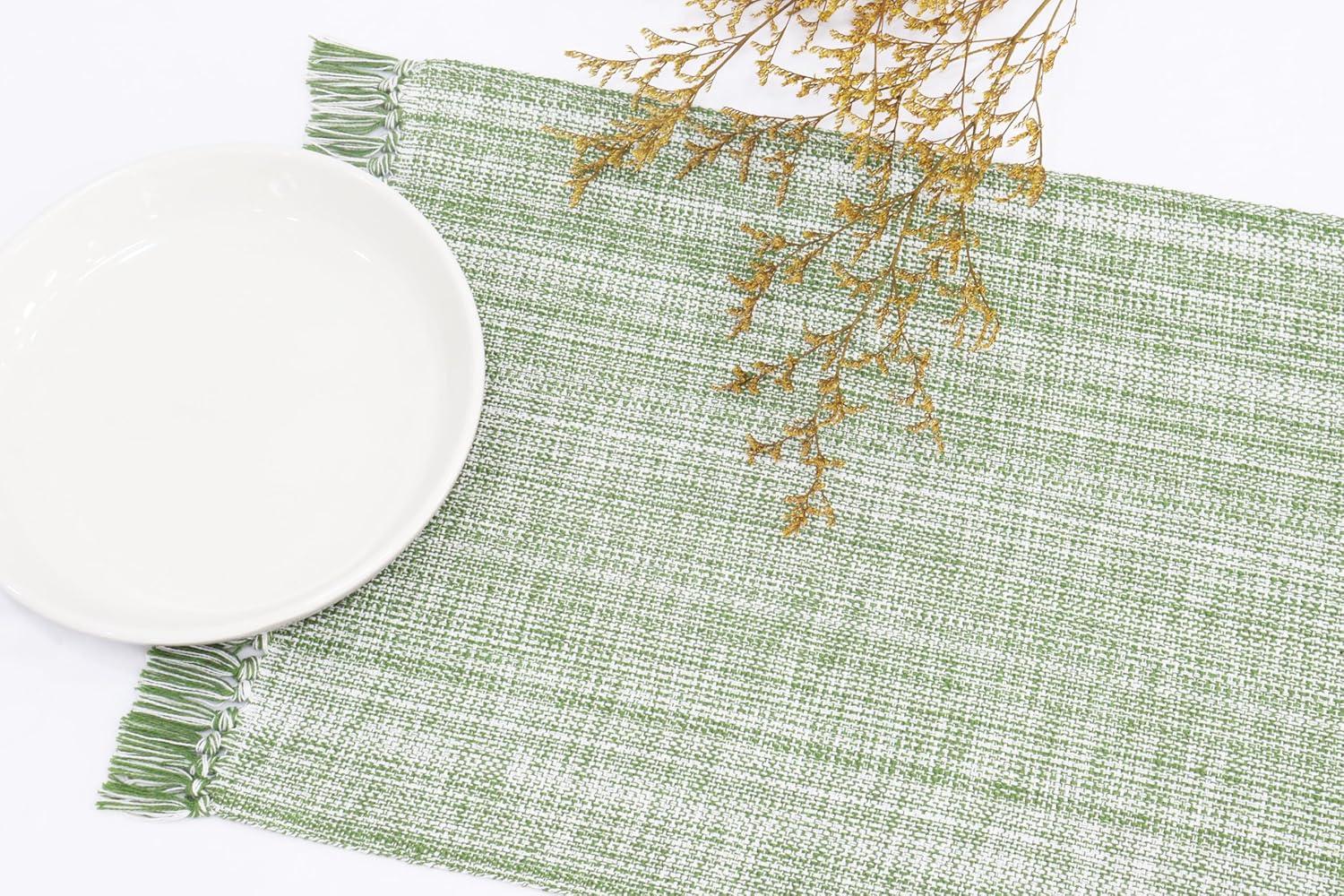 imagePurpleEssences Chambray Placemats with Fringes 100 Cotton Set of 4 13x19 Inch Thick Durable Table Mats for Dining Kitchen or Casual Farmhouse Tabletop Dcor Forest Green and HWhiteSage Green and Hwhite
