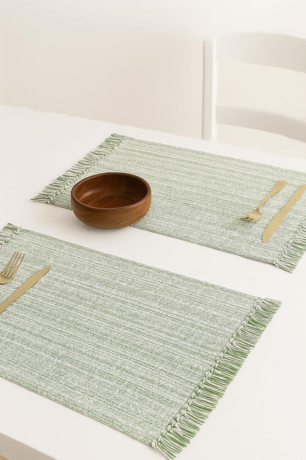 imagePurpleEssences Chambray Placemats with Fringes 100 Cotton Set of 4 13x19 Inch Thick Durable Table Mats for Dining Kitchen or Casual Farmhouse Tabletop Dcor Forest Green and HWhiteSage Green and Hwhite