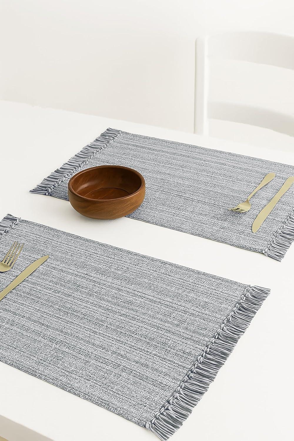 imagePurpleEssences Chambray Placemats with Fringes 100 Cotton Set of 4 13x19 Inch Thick Durable Table Mats for Dining Kitchen or Casual Farmhouse Tabletop Dcor Forest Green and HWhiteMineral Gray and Hwhite