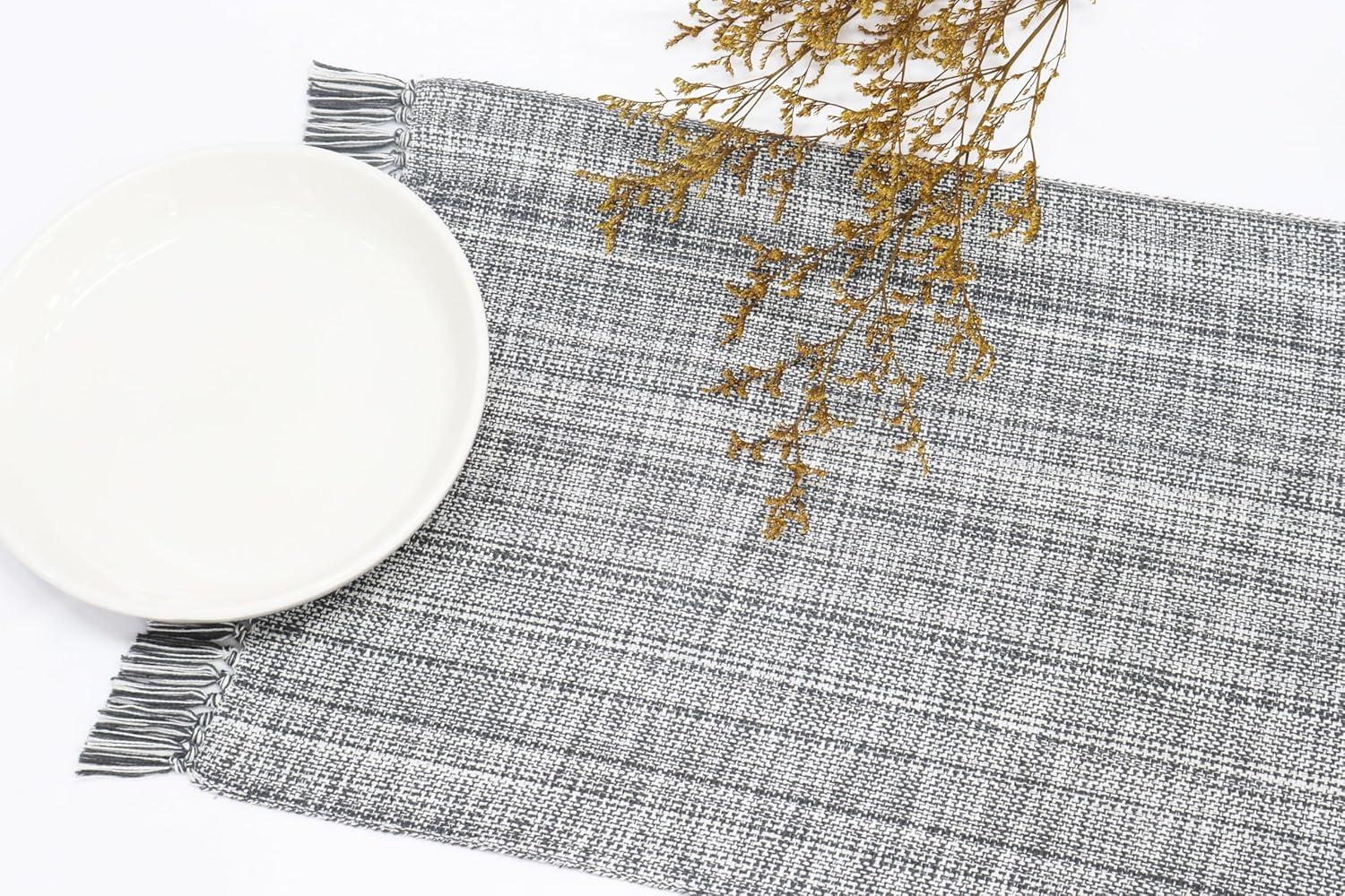 imagePurpleEssences Chambray Placemats with Fringes 100 Cotton Set of 4 13x19 Inch Thick Durable Table Mats for Dining Kitchen or Casual Farmhouse Tabletop Dcor Forest Green and HWhiteMineral Gray and Hwhite