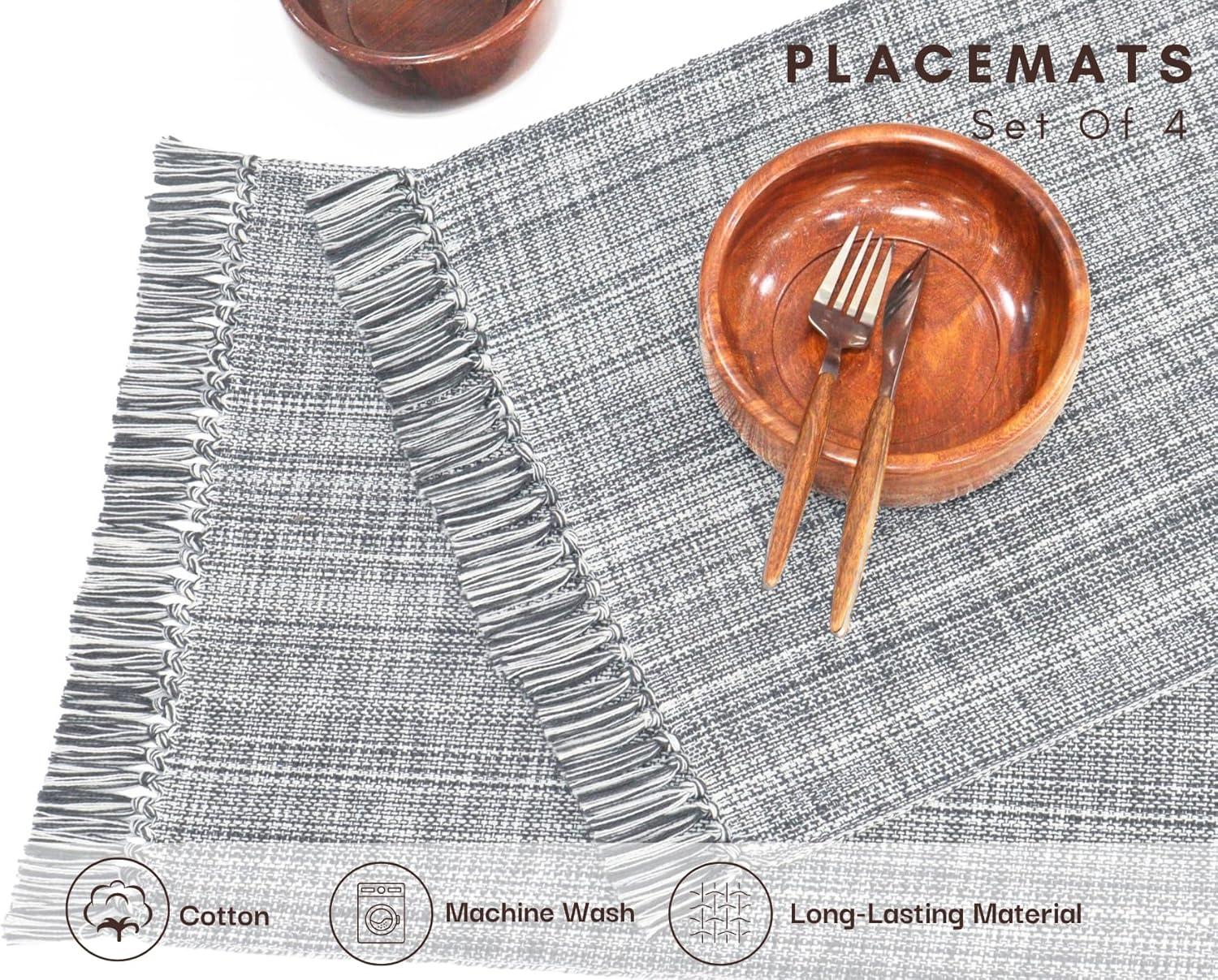 imagePurpleEssences Chambray Placemats with Fringes 100 Cotton Set of 4 13x19 Inch Thick Durable Table Mats for Dining Kitchen or Casual Farmhouse Tabletop Dcor Forest Green and HWhiteMineral Gray and Hwhite