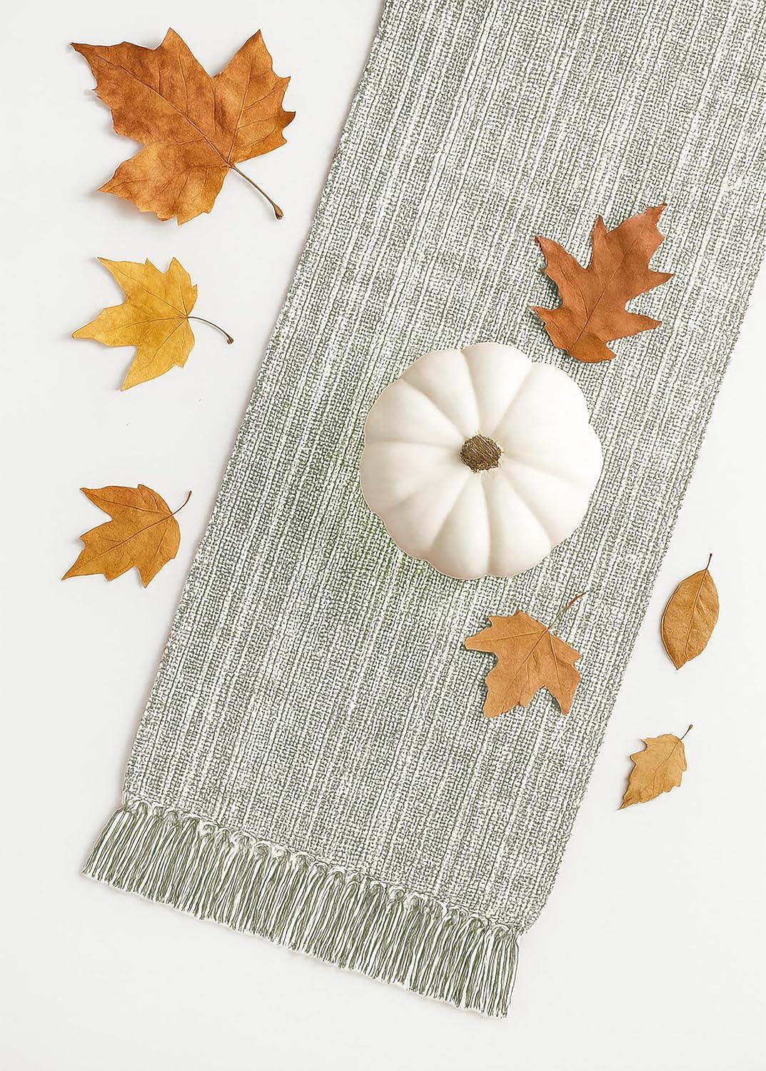 imagePurpleEssences Chambray Table Runner 100 Cotton 13x72 Inch with Fringes Farmhouse Fall Thanksgiving Dcor Reusable Machine Washable for Dining Table Forest Green and HWhiteOlive Green and Hwhite