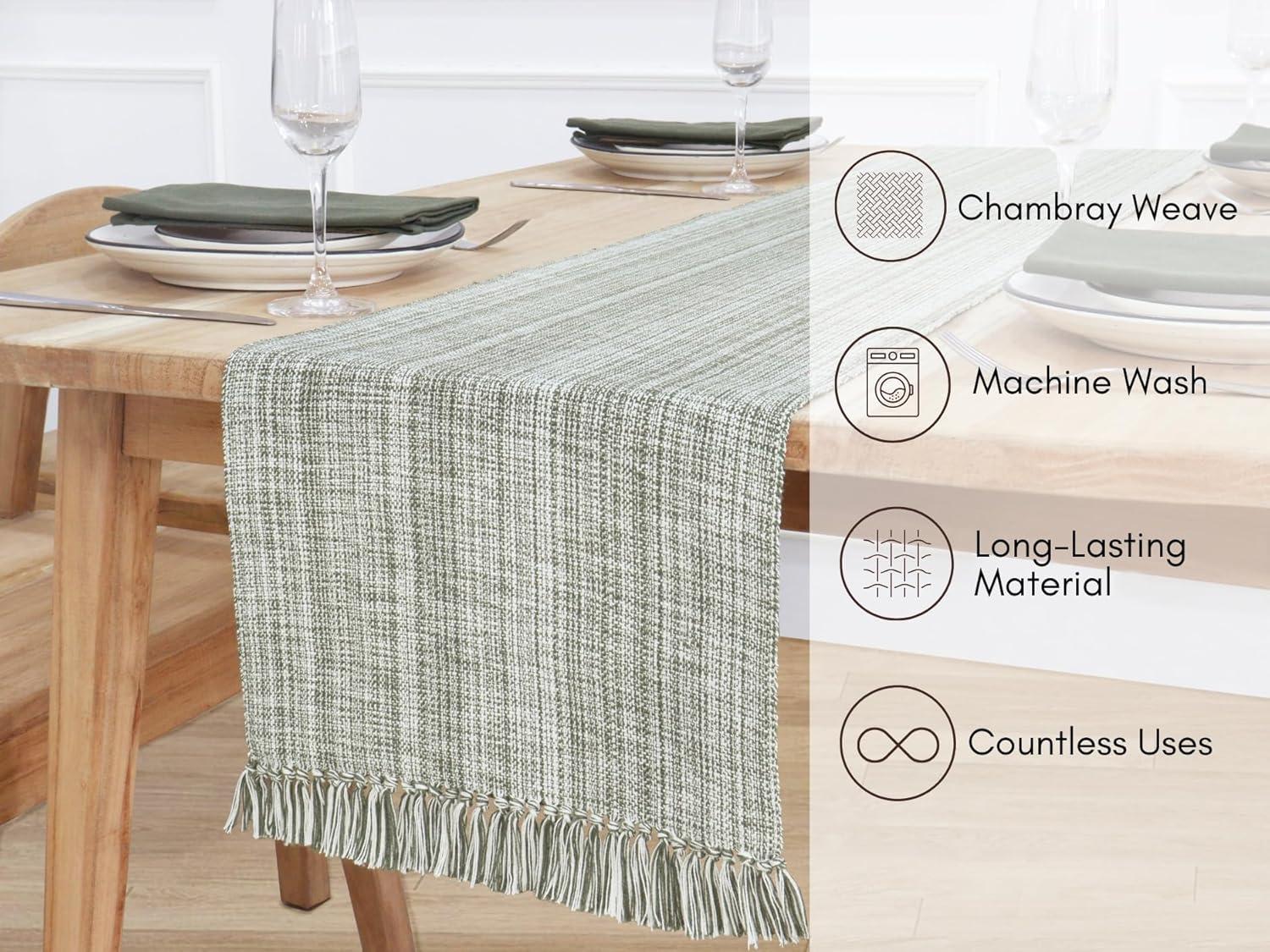 imagePurpleEssences Chambray Table Runner 100 Cotton 13x72 Inch with Fringes Farmhouse Fall Thanksgiving Dcor Reusable Machine Washable for Dining Table Forest Green and HWhiteOlive Green and Hwhite