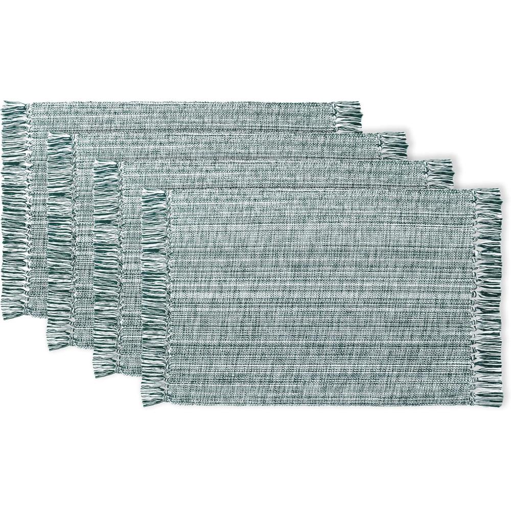 imagePurpleEssences Chambray Placemats with Fringes  100 Cotton Set of 4 13x19 Inch Thick Durable Table Mats for Dining Kitchen or Casual Farmhouse Tabletop Dcor  Forest Green and HWhiteForest Green and Hwhite