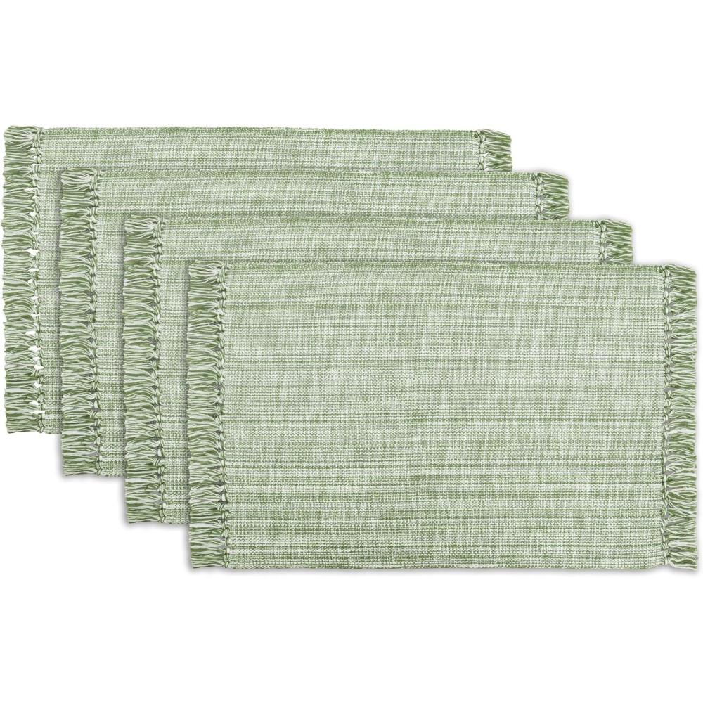 imagePurpleEssences Chambray Placemats with Fringes  100 Cotton Set of 4 13x19 Inch Thick Durable Table Mats for Dining Kitchen or Casual Farmhouse Tabletop Dcor  Forest Green and HWhiteSage Green and Hwhite
