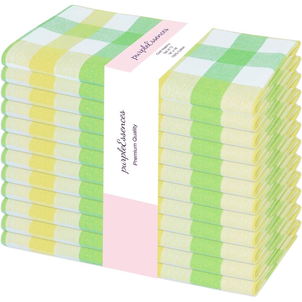 imagePurpleEssences Christmas Tartan Plaid Napkins 12 Pack 100 Cotton Cloth Napkins Scottish Tartan Xmas Holiday Winter Festive Celebration Soft Durable Washable 18x18 Inch GreenYellow Green White