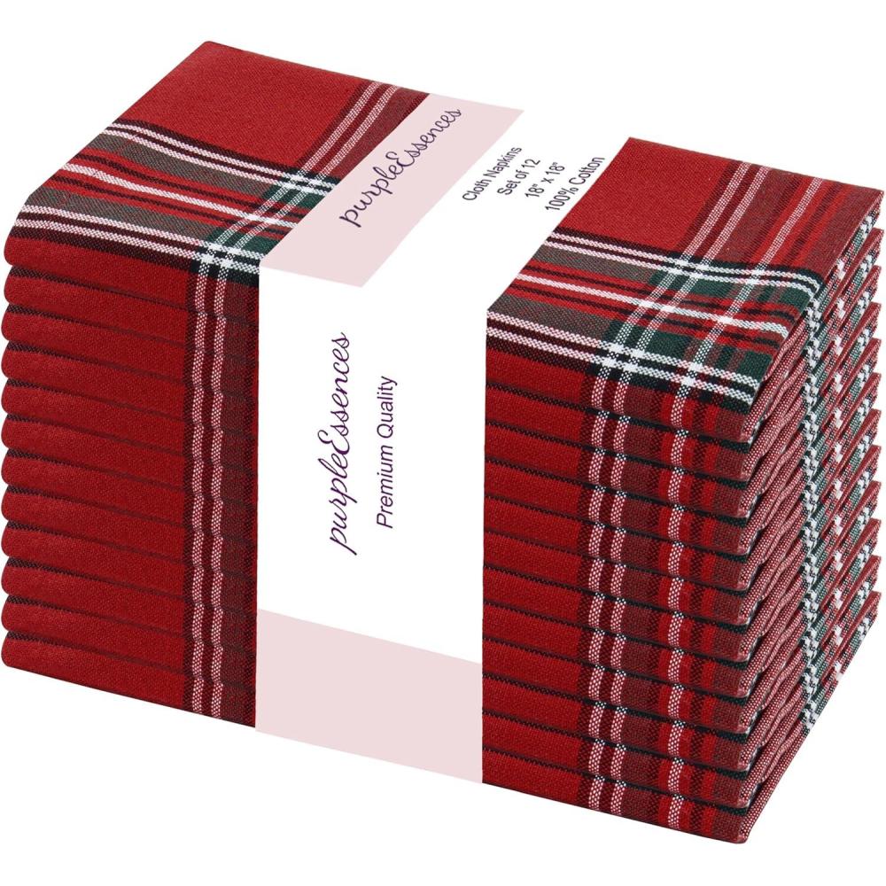 imagePurpleEssences Christmas Tartan Plaid Napkins 12 Pack 100 Cotton Cloth Napkins Scottish Tartan Xmas Holiday Winter Festive Celebration Soft Durable Washable 18x18 Inch GreenTartan Plaid RedGreen