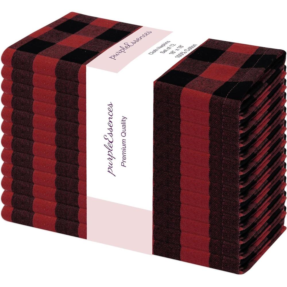 imagePurpleEssences Christmas Tartan Plaid Napkins 12 Pack 100 Cotton Cloth Napkins Scottish Tartan Xmas Holiday Winter Festive Celebration Soft Durable Washable 18x18 Inch GreenRed Black