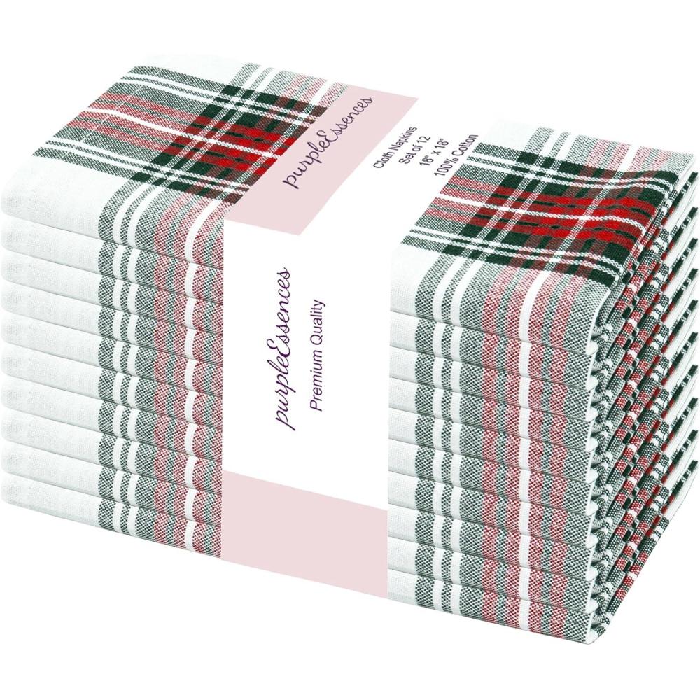 imagePurpleEssences Christmas Tartan Plaid Napkins 12 Pack 100 Cotton Cloth Napkins Scottish Tartan Xmas Holiday Winter Festive Celebration Soft Durable Washable 18x18 Inch GreenTartan Plaid RedWhite