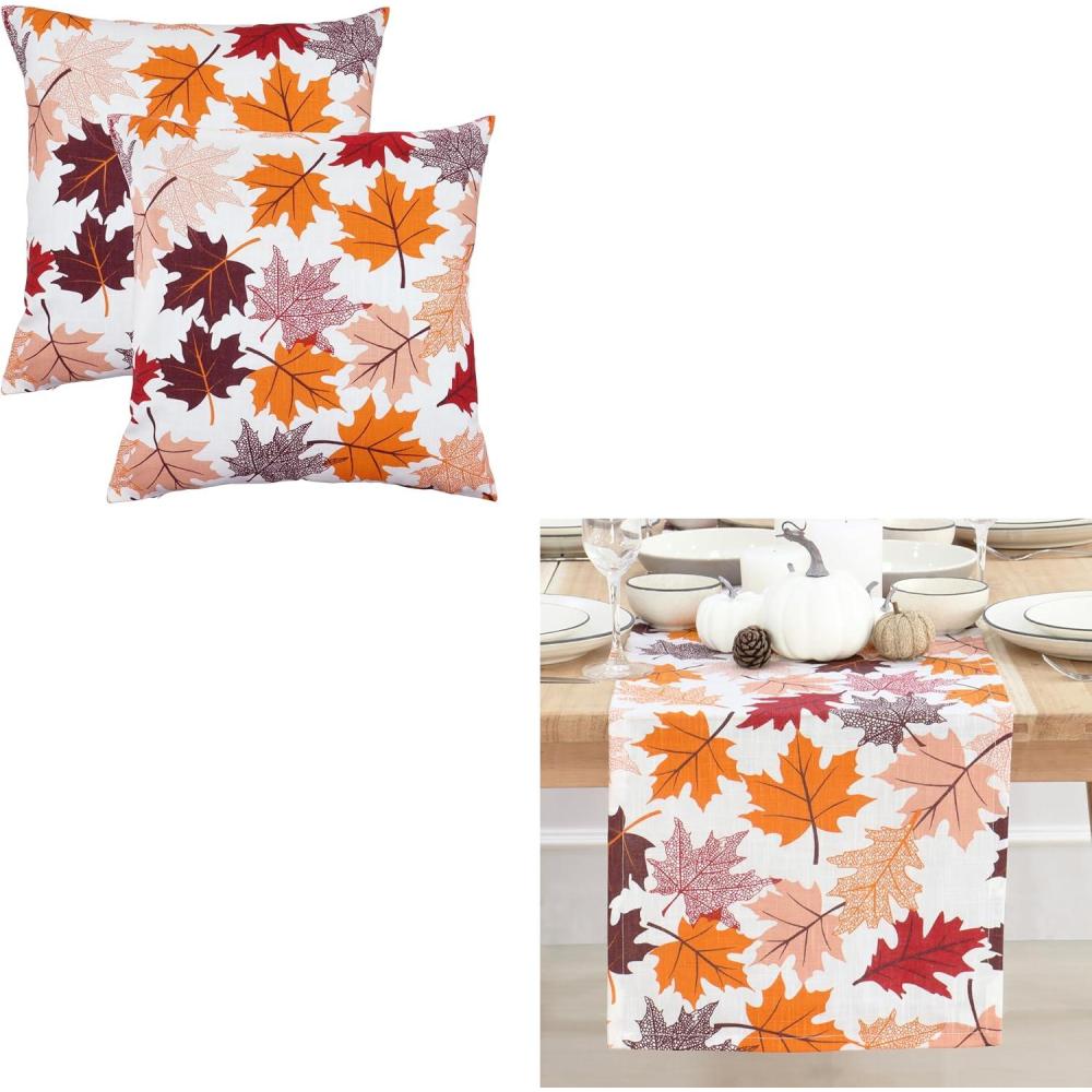 imagePurpleEssences Fall Harvest Decor Thanksgiving 100 Cotton Throw Pillow Cover 18x18 Inch Set of 2 Table Runner 14x72 Inch Pack of 1  Maple Leaves
