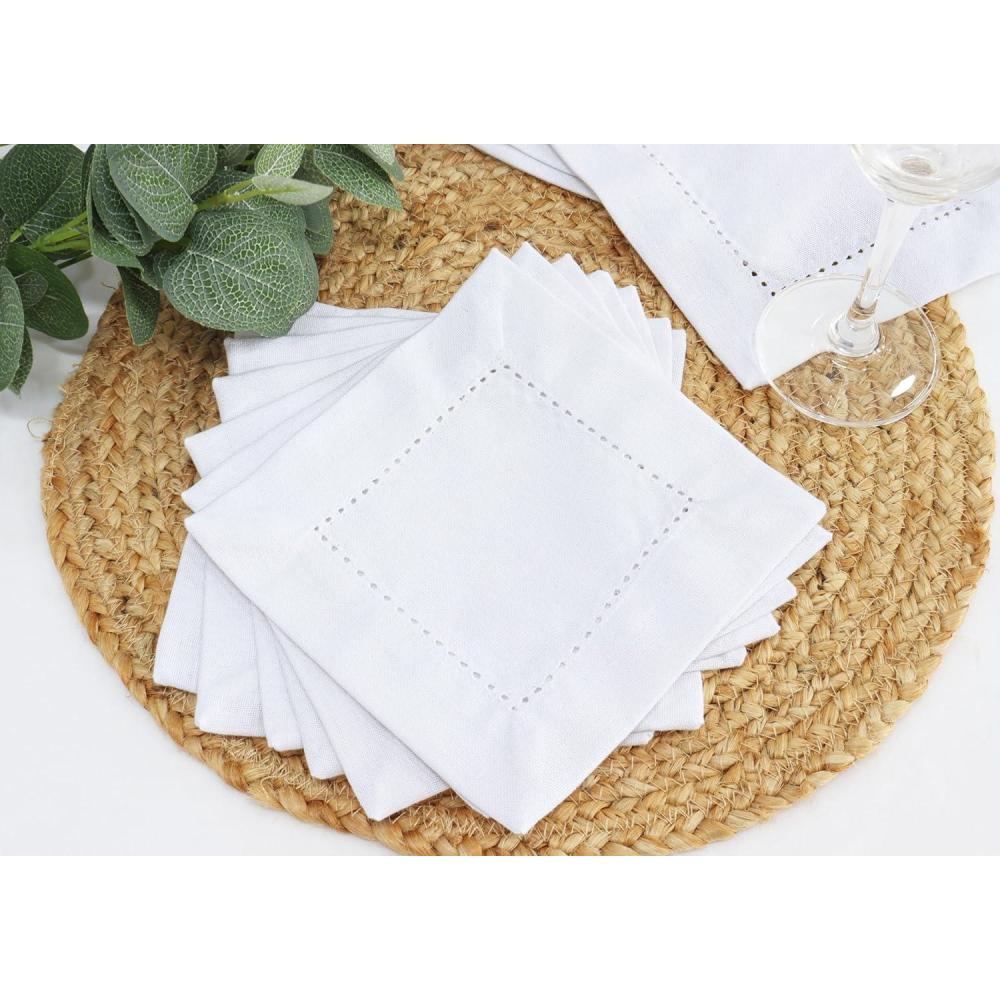 imagePurpleEssences Hemstitch Cocktail Napkins  12 Pack  6x6 inch  100 Cotton  Used As Mini Napkins Reusable Napkin Linen Coaster and Napkin Coasters  Christmas Holiday Winter  Royal LinenWhite