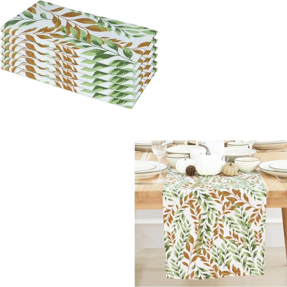 imagePurpleEssences Maple Leaves Fall Harvest Decor Thanksgiving 100 Cotton Napkin 18x18 Inch Set of 6 Table Runner 14x72 Inch Pack of 1 Sage n Autumn