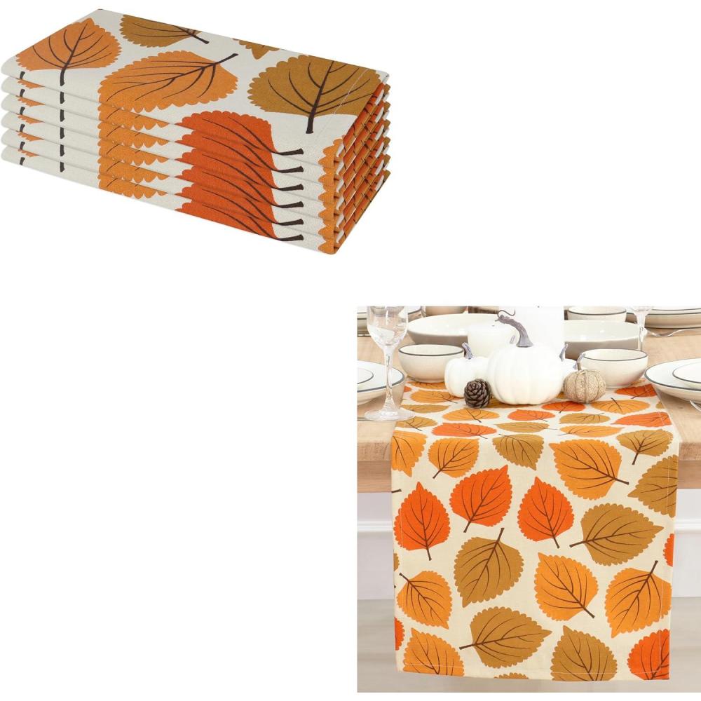 imagePurpleEssences Maple Leaves Fall Harvest Decor Thanksgiving 100 Cotton Napkin 18x18 Inch Set of 6 Table Runner 14x90 Inch Pack of 1  Amber