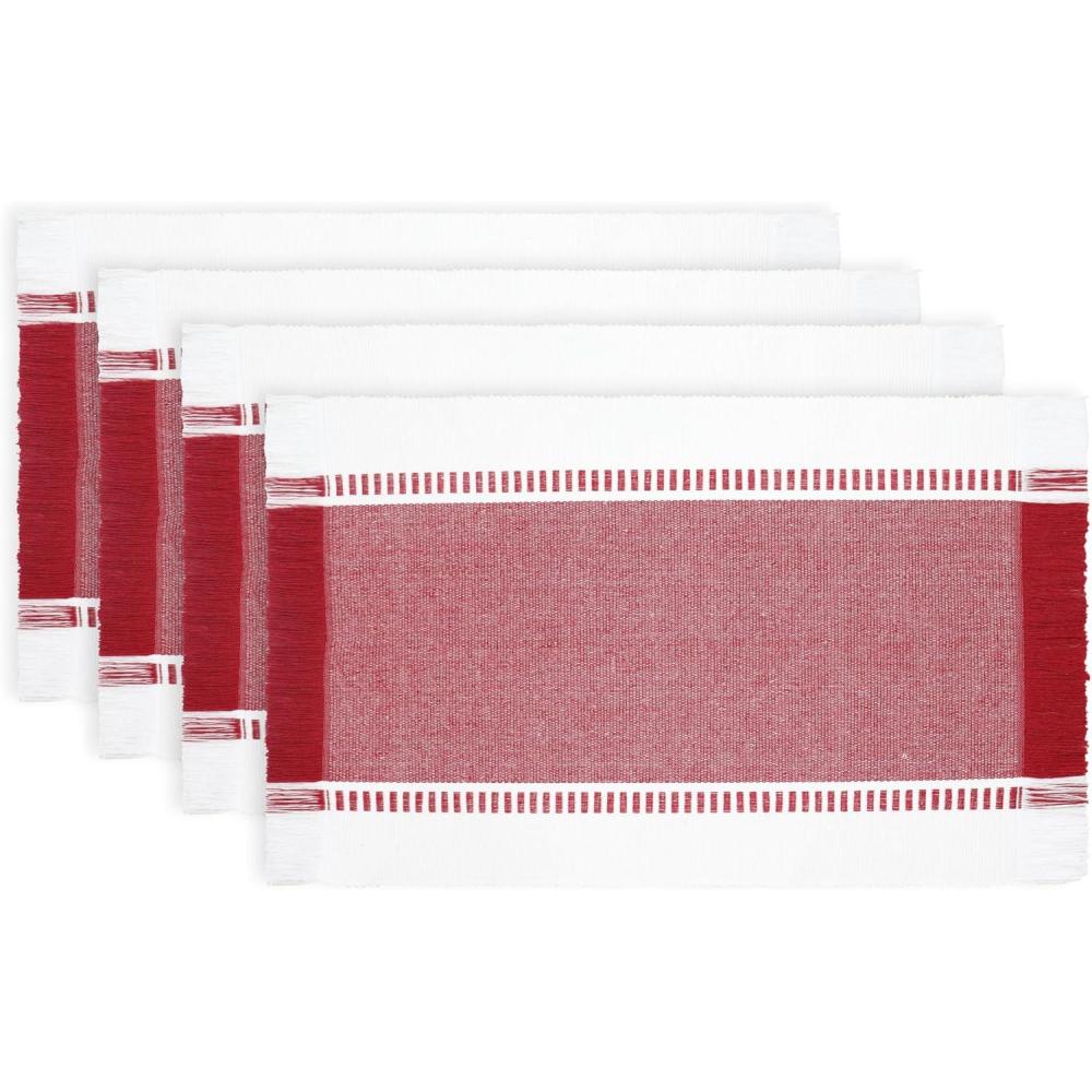 imagePurpleEssences Stripe Ribbed Placemats with Fringes 100 Cotton Set of 4 13x19 Inch Thick Durable Table Mats for Dining Kitchen or Casual Farmhouse Tabletop Dcor  Red and HWhiteRed and Hwhite