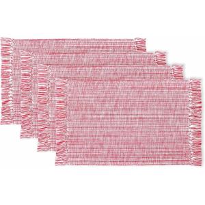PurpleEssences Chambray Placemats with Fringes – 100% Cotton, Set of 4, 13×19 Inch, Thick Durable Table Mats for Dining, Kitchen, or Casual Farmhouse Tabletop Décor – Forest Green and H.White(Red and H.white)