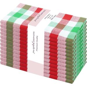 PurpleEssences Christmas Tartan Plaid Napkins -12 Pack 100% Cotton Cloth Napkins Scottish Tartan – Xmas Holiday Winter Festive Celebration Soft Durable Washable – 18×18 Inch – Green(Red Green White)