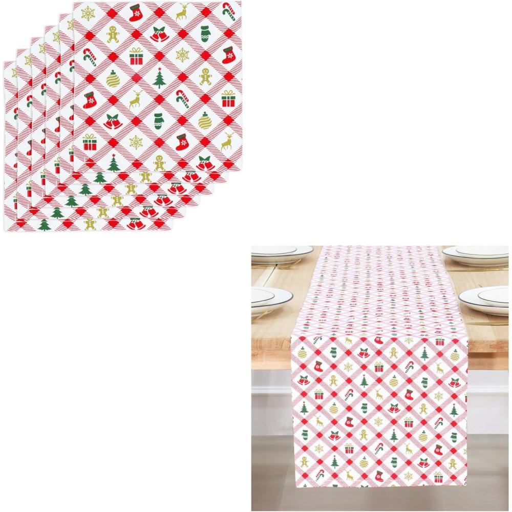 imagePurpleEssences Christmas Cloth Napkins Set of 6 18x18 Inch ampamp Table Runner 14 x 90 inch Pack of 1100 Cotton Christmas Carnival Red Gold